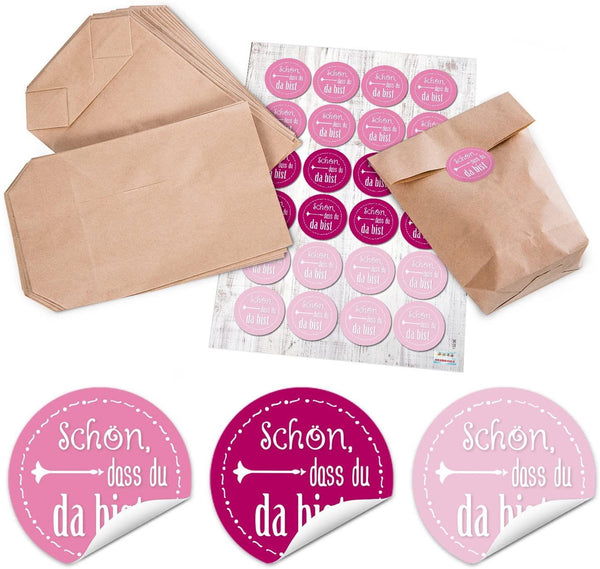 24 kleine Papiertüten mit Boden + 24 blau türkise Schön dass du da bist Aufkleber