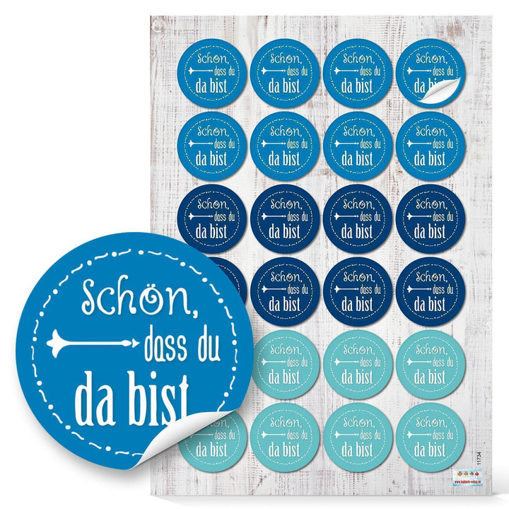 24 Aufkleber SCHÖN DASS DU DA BIST bunt rot blau grün gelb pink türkis + 24 braune Kraftpapier-Tüten Papiertüten - Verpackung Mitgebsel give-away Geburtstag Kinder Hochzeit Fest Party