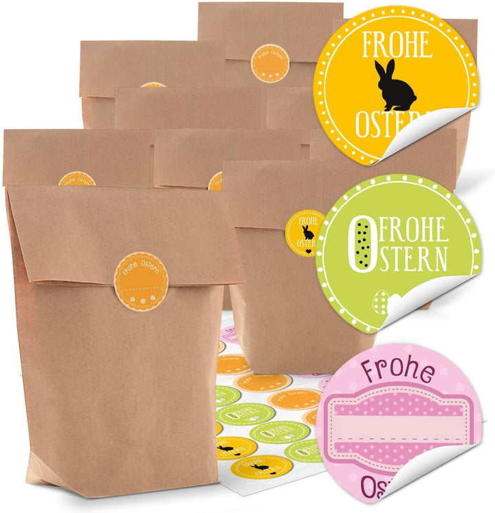 24 kleine braune Ostertüten Geschenktüten 16,5 x 26 x 6,6 cm + 24 grün GESPRENKELTE Osteraufkleber FROHE OSTERN Verpackung Geschenke give-away Kinder Mitgebsel Tüten natürlich Tüten