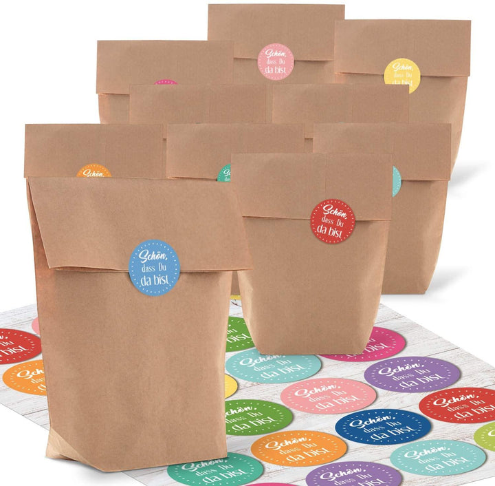 24 teiliges Set - kleine braune Kraftpapiertüten + blau türkise Schön dass du da bist Aufkleber