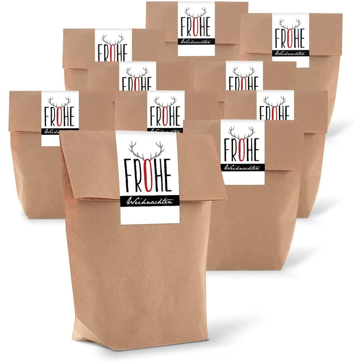 25 braune natur weihnachtliche Verpackung Geschenk-Tüten Kraftpapier 14 x 22 x 5,6 cm + 25 Aufkleber Sticker FROHE WEIHNACHTEN rot beige verschiedene Sprachen Verpackung Weihnachtsgeschenke Weihnachten
