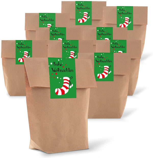 10 braune natur Geschenktüte Verpackung Beutel Papier mit Boden 14 x 22 x 5,6 cm Kraftpapier + 10 weihnachtliche Aufkleber FROHE WEIHNACHTEN rot weiß kariert braun Geschenke verpacken give-away
