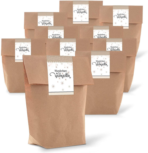 25 braune natur weihnachtliche Verpackung Geschenk-Tüten Kraftpapier 14 x 22 x 5,6 cm + 25 Aufkleber FROHE WEIHNACHTEN KUGELN vintage grün Geschenk-Verpackung Weihnachtsverpackung natürlich