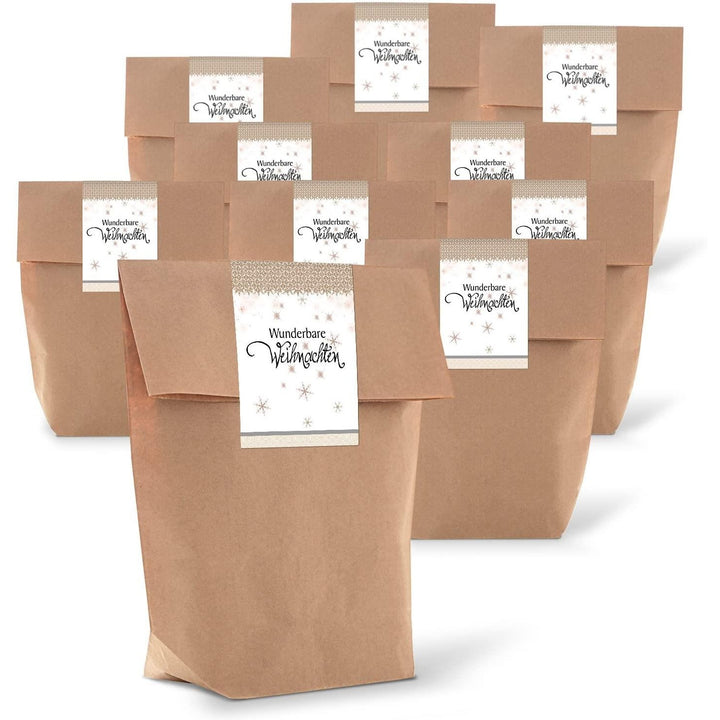 10 braune natur weihnachtliche Verpackung Geschenk-Tüten Kraftpapier 14 x 22 x 5,6 cm + 10 Aufkleber FROHE WEIHNACHTEN Verpacken Weihnachtsgeschenke Geschenk-Papier Kundengeschenke natürlich