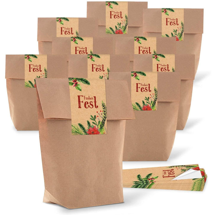 25 kleine Weihnachten Papiertüten braun natur 14 x 22 x 5,6 cm + 25 Aufkleber LEBKUCHEN-MANN beige schwarz rot weiß Geschenk Verpackung bio Kraftpapier weihnachtlich vintage zum Füllen