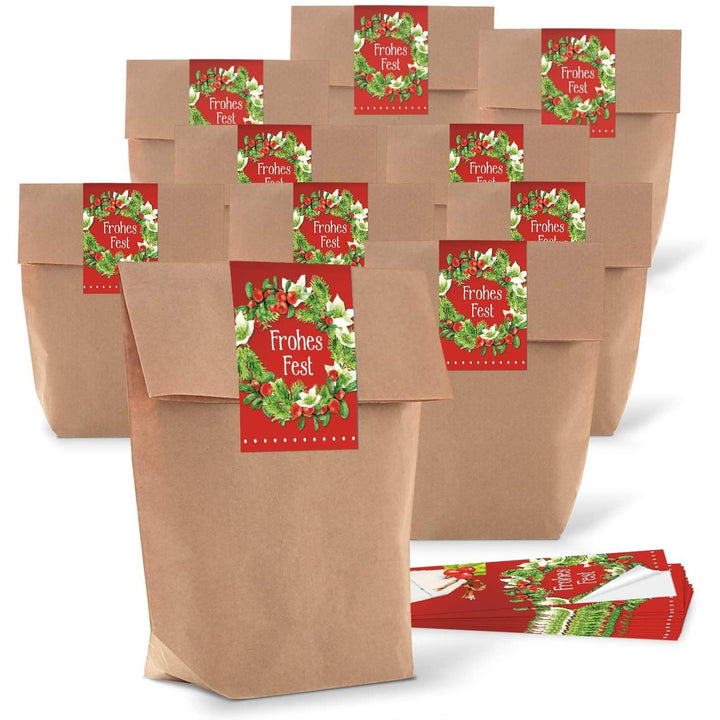 50 braune Geschenktüten Weihnachtstüten mit Boden 14 x 22 x 5,6 cm Kraftpapier natur Tüten + 50 Weihnachtsaufkleber HEILIGER NIKOLAUS ROT weiß beige zum Verpacken Weihnachtsgeschenke Papiertüten