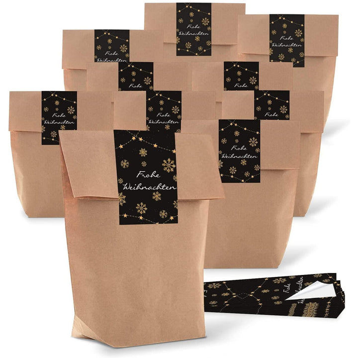 Logbuch-Verlag 50 Weihnachtstüten mit Sticker FROHE WEIHNACHTEN - Weihnachtsverpackung klassisch edel in schwarz, gold, braun