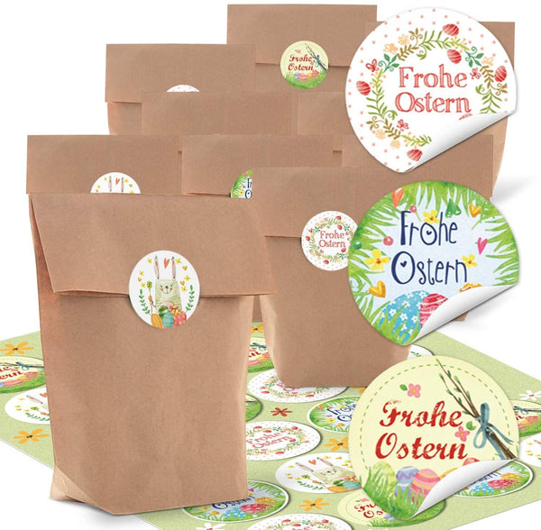 Logbuch-Verlag 24 kleine braune Ostertüten Geschenktüten 14 x 22 x 5,6 cm + 24 Osterhase Osteraufkleber rund Frohe Ostern Geschenk Etiketten beige rot weiß schwarz