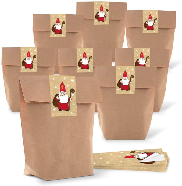 10 kleine Papiertüten braun natur 16,5 x 26 x 6,6 cm + 10 Aufkleber weihnachtlich kleiner Engel bunte Sterne CHRISTKIND Geschenk-Verpackung Kraftpapier Befüllen Tüte Papier-Tütchen bio Beutel
