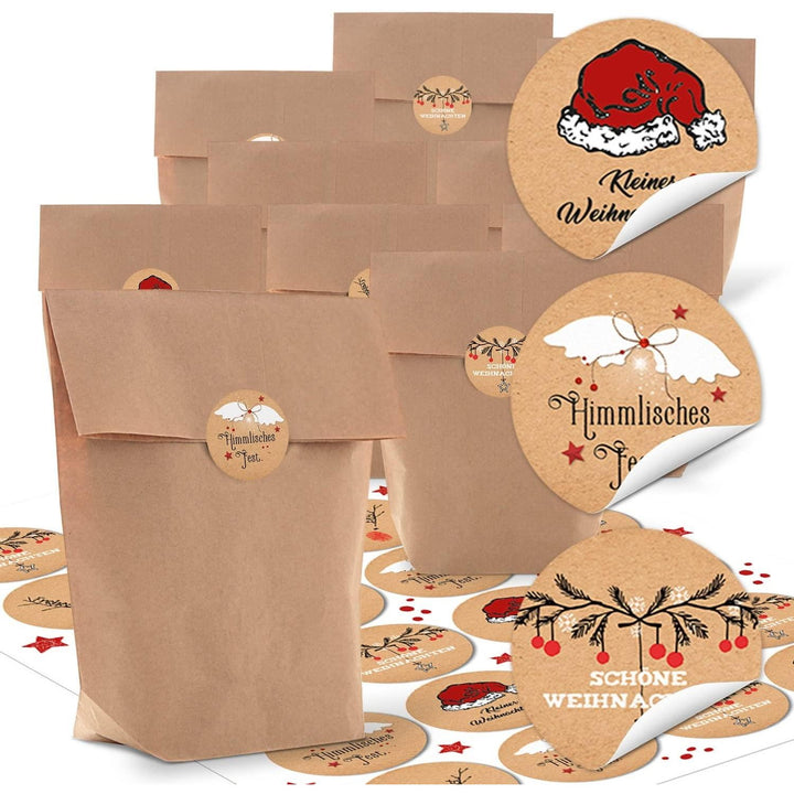 10 kleine braune Papiertüten 16,5 x 26 x 6,6 cm + 24 runde blanko Aufkleber 4 cm Kraftpapier Spitze beige weiß vintage Verpackung Weihnachten Geschenk-Tüten weihnachtlich verpacken give-away