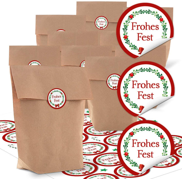 Weihnachtstüten aus Kraftpapier 16,5 x 26 x 6,6 cm Kreuzbodenbeutel mit Weihnachtsaufkleber