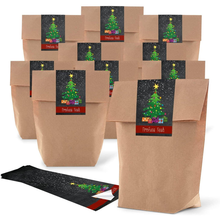 10 braune kleine Weihnachtstüten Papiertüten 19 x 29,5 x 7,5 cm + 10 Banderole rot schwarz weiß Weihnachtsaufkleber SANTA Frohe Weihnachten 7 x 21 cm Geschenktüten Papierbeutel give aways Kunden