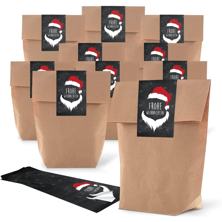 25 kleine braune Kreuzbodenbeutel Weihnachtstüten 19 x 29,5 x 7,5 cm + 25 rot weiße Aufkleber Mistel natur 7 x 21 cm Verpackung Papiertüte Weihnachten Geschenkbeutel weihnachtlich verpacken