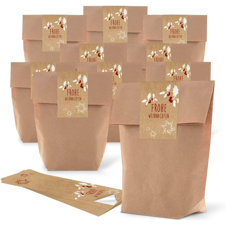 100 kleine braune bio Papier-Tüten natur Kraftpapier 19 x 29,5 x 7,5 cm + 100 weihnachtliche Aufkleber FROHE WEIHNACHTEN ALLES GUTE FÜRS NEUE JAHR grün beige bunt Geschenkverpackung Tütchen