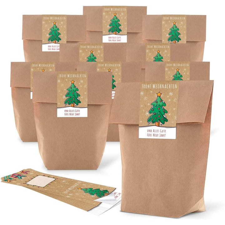 10 kleine braune natürliche weihnachtliche Papiertüten natur Kraftpapier 19 x 29,5 x 7,5 cm + 10 Aufkleber FROHE WEIHNACHTEN DANKE KUNDEN BAUM schwarz weiß gold Geschenkverpackung Beutel