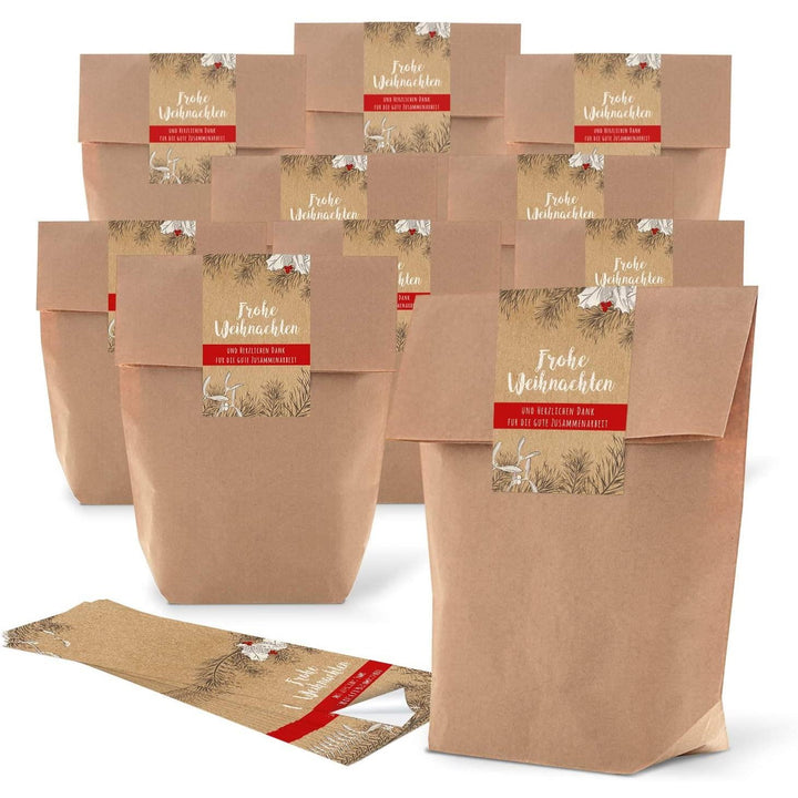 100 kleine braune bio Papier-Tüten Geschenk-Tütchen natur Kraftpapier 19 x 29,5 x 7,5 cm + 100 weihnachtliche Aufkleber beschriftbar HEILIGER NIKOLAUS SANTA rot weiß Weihnachten Geschenkverpackung