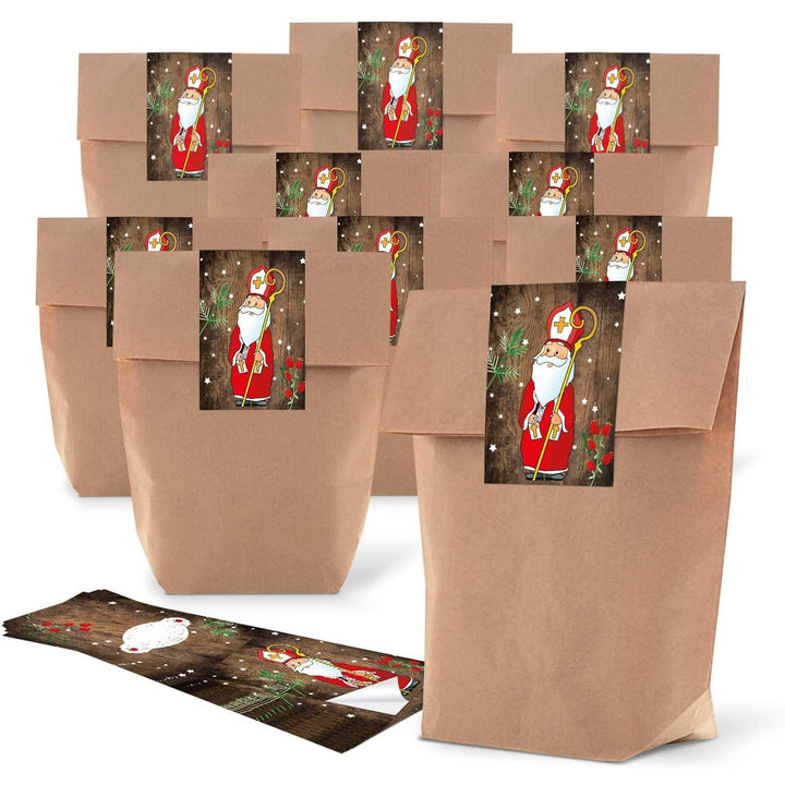 50 kleine braune natur Kraftpapier Papiertüten 19 x 29,5 x 7,5 cm + 50 Weihnachts-Aufkleber beschreibbar HEILIGER NIKOLAUS SANTA rot weiß Weihnachten Geschenk-Verpackung bio zum Be-Füllen