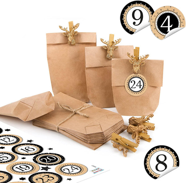 Adventskalender Bastel-Set 24 Teile rot grün natur Holz mit Holzzahlen Klammern + Tüten 9 x 15 x 3,5 cm