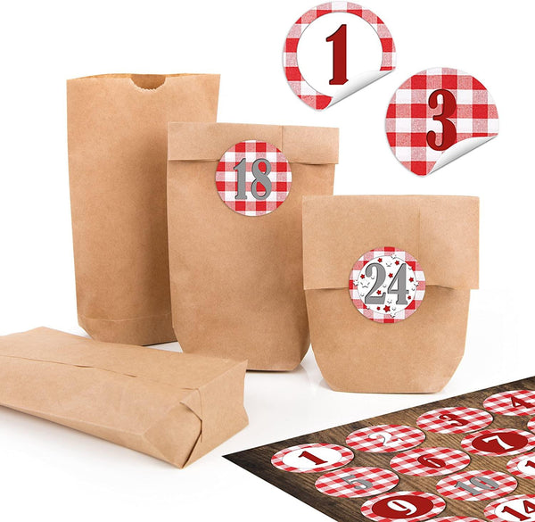 Kleine braune Papiertüten aus Kraftpapier mit Zahlenaufklebern 1–24 – DIY Adventskalender 9 x 15 cm mit Motivauswahl