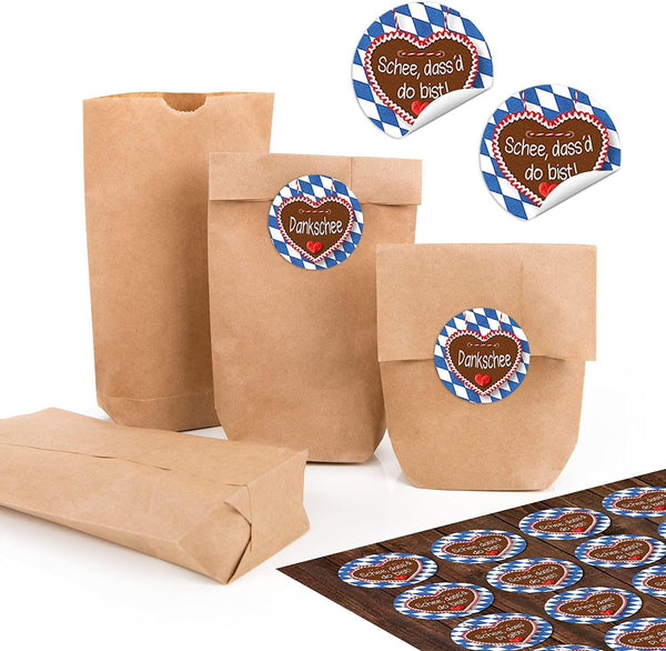 24 kleine braune Papiertüten natur Kraftpapier 9 x 15 x 3,5 cm + 24 runde SCHÖN DASS DU DA BIST hell-grün weiß HERZ GEPUNKTET Verpackung mini-Tüte Geschenk