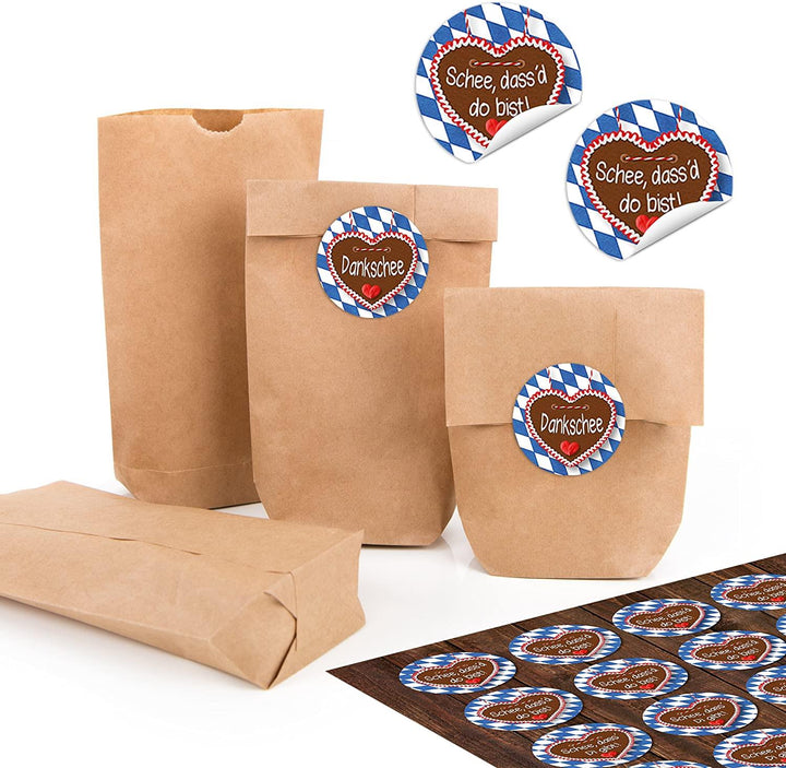 24 kleine braune Papiertüten natur Kraftpapier 9 x 15 x 3,5 cm + 24 runde SCHÖN DASS DU DA BIST hell-grün weiß HERZ GEPUNKTET Verpackung mini-Tüte Geschenk