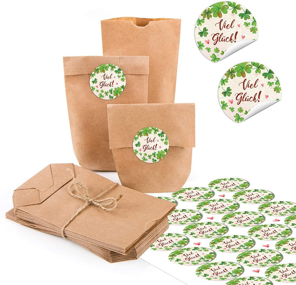 24 braune Papiertüten mit Boden 9 x 15 cm + Aufkleber „Viel Glück“ mit Kleeblatt & Herzen