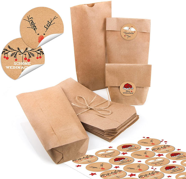 Kleine braune Papiertüten 10,7 x 22 cm – natur Kraftpapier mit Aufkleber „Frohe Weihnachten“, 24er Set, diverse Motive