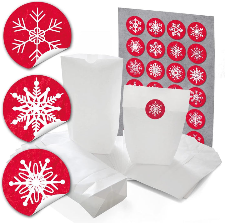 25 x WeihnachtsVerpackung Papiertüte Weihnachten Beutel ROT glänzend 14 x 22 x 5,5 + 25 Weihnachtsaufkleber - Verpackung Chistbaum grün bunt weiß Geschenke Geschenkpapier weihnachtlich