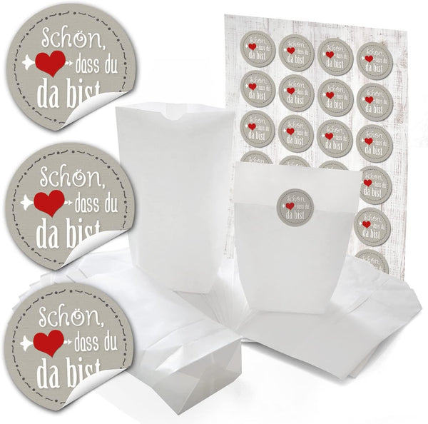 24 weiße Weihnachtstüten 14 x 22 x 5,6 cm + 24 runde Weihnachtsaufkleber"Flocken weiß beige" zum liebenvollen Verpacken von Geschenken + anderen Dingen