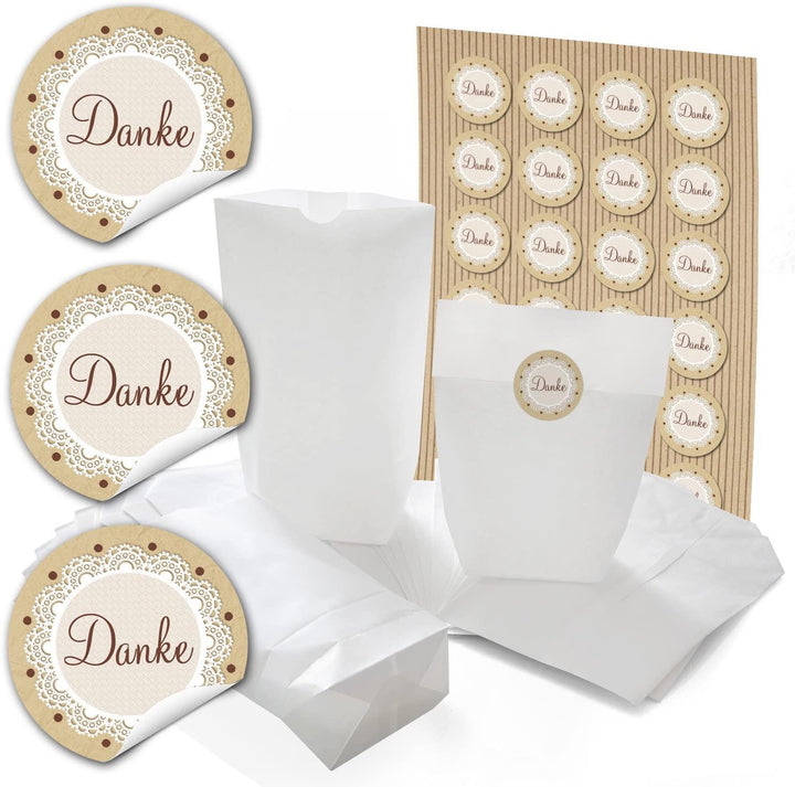 24 kleine weiße Papiertüten mit Boden Papier-Beutel Papiertüten Geschenktüten 14 x 22 x 5,6 cm + 24 runde Aufkleber Sticker DANKE mit 3 Herzen zum liebenvollen Verpacken von Geschenken