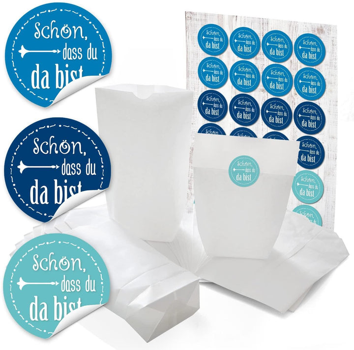 24 kleine weiße Papiertüten mit Boden Papier-Beutel 14 x 22 x 5,6 cm + 24 runde Aufkleber Sticker SCHÖN DASS DU DA BIST in weiß grau Verpackung Geschenk Mitgebsel give-away Gastgeschenk