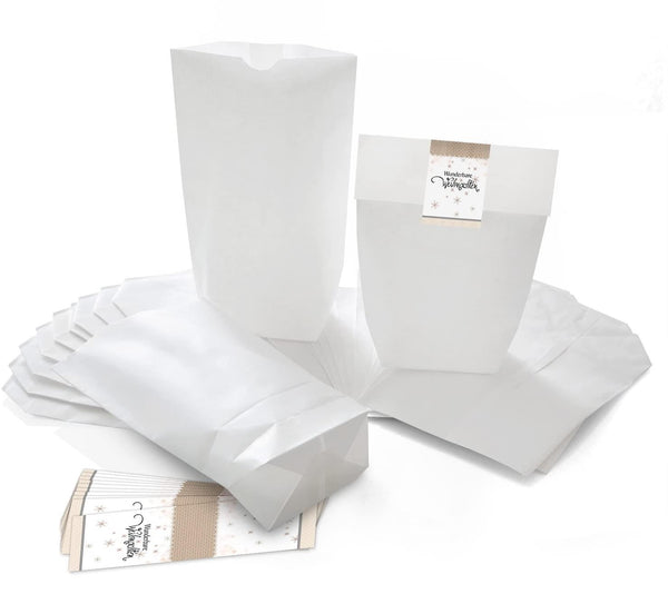 10 kleine weiße Kreuzbodenbeutel 16,5 x 26 x 6,6 cm + 10 Banderolen 5 x 15 cm DANKE rot graue HERZEN - Papier-Tüten give-aways Mitgebsel Verpackung als Dankeschön für Gäste Kunden Freunde