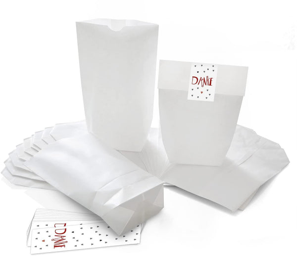 10 kleine braune Weihnachten Papiertüten natur Mini-Tüten Kraftpapier 10,7 x 22 x 4,2 cm + 10 weihnachtliche Aufkleber FROHES FEST Mistel Tannen-Zweige grün rot beige Geschenkverpackung Be-Füllen