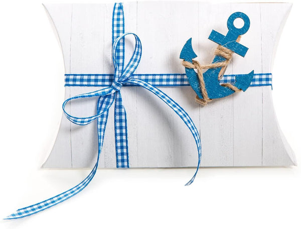 20 Stück weiße Geschenk-Schachtel Pappschachtel Geschenk-Box weiße 14,5 x 10,5 + 3 cm + 20 blau weiß karierte Schleife Verpackung für Gastgeschenke Kinder Silvester Geburtstag Hochzeit