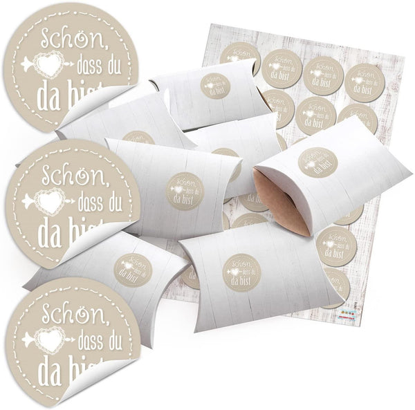 24 kleine Geschenkschachteln Geschenk-Boxen Kartons Holz Optik weiß 14,5 x 10,5 cm + 3 cm hoch + bunten Aufklebern"Lustige Sprüche" Ø 4 cm - befüllen in rot grün blau pink gelb orange rosa