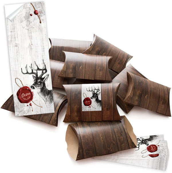 24 kleine Geschenkschachteln Geschenk-Boxen Kartons Holz Optik weiß 14,5 x 10,5 cm, 3 cm hoch + Aufkleber SCHÖN DASS DU DA BIST beige Ø 4 cm zum selber basteln und befüllen