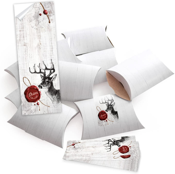 10 kleine Geschenkschachteln Geschenk-Boxen Kartons braun 14,5 x 10,5 + 3 cm mit Aufkleber Banderole"Deins" Hirsch mit rotem Wachs-Siegel - selber basteln und befüllen - als Verpackung