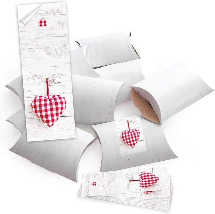 10 kleine Geschenkschachteln Geschenk-Boxen Kartons braun 14,5 x 10,5 + 3 cm mit Aufkleber Banderole ROT WEISS KARIERTES HERZ- selber basteln und befüllen - als Verpackung