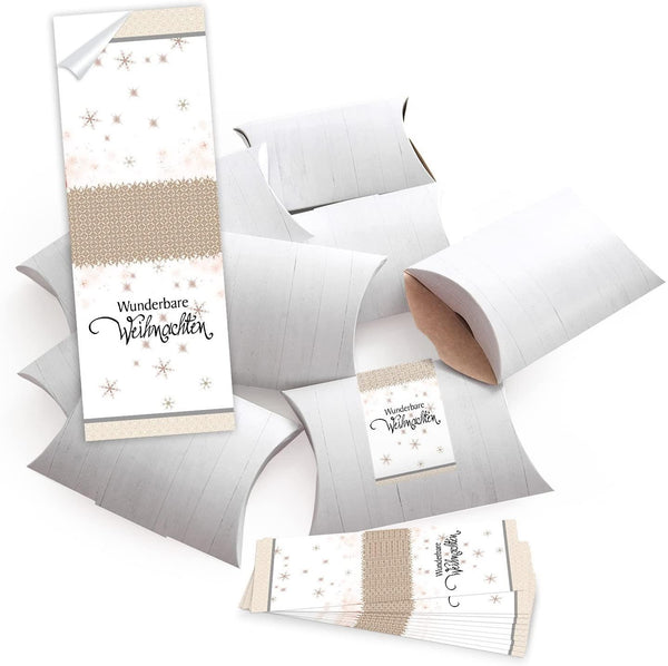 10 kleine Geschenkschachteln Geschenk-Boxen Kartons, weiß 14,5 x 10,5 + 3 cm mit Aufkleber Banderole FROHE WEIHNACHTEN schwarz rot grau Rentier-Geweih selber basteln und befüllen