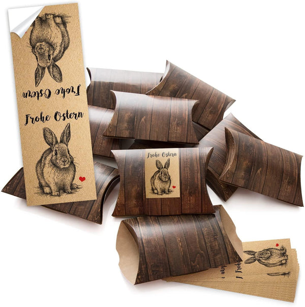 24 kleine Geschenkschachteln Geschenk-Boxen Kartons Holz Optik weiß 14,5 x 10,5 cm, 3 cm hoch + Aufkleber FROHE OSTERN weißer Hase auf Holz Ø 4 cm zum selber basteln und befüllen