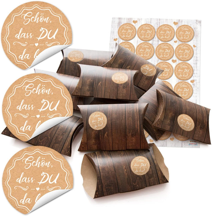 10 kleine Boxen Geschenkschachteln blau türkis REGENBOGEN-FISCHE Holz Optik weiß 14,5 x 10,5 cm ca. 3 cm + 24 runde Aufkleber - Verpackung Kinder Kommunion Geburtstag Taufe