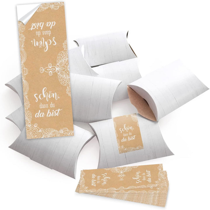 10 kleine Geschenkboxen Holz Optik weiß 14,5 x 10,5 cm ca. 3 cm + 10 Banderolen Osteraufkleber 5 x 15 cm Ostern Osterhase rot weiß Herz Verpackung Aufkleber Frohe Ostern zum Befüllen