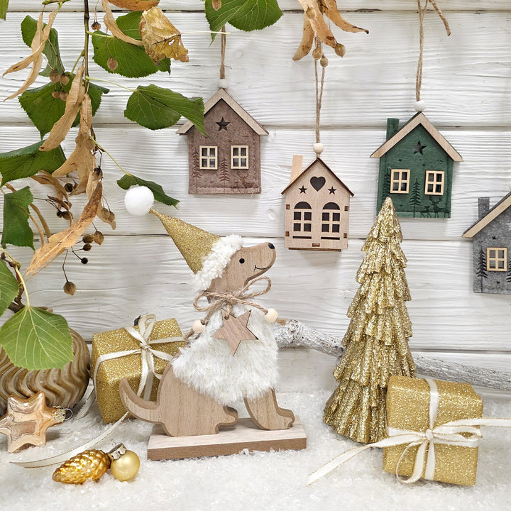 Weihnachtshund Holz 20 cm creme-goldene Dekofigur mit Stern und Glitzermütze - Foto 2