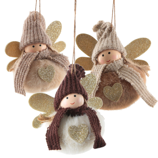 Engel Anhänger 3er Set Stoff & Wolle Weihnachtsengel Creme braun Gold 8 cm Schutzengel