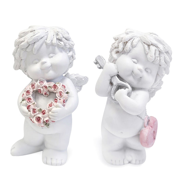 Liebesengel Igor mit Herz & Blume 2er Set weiß-rosé 12 cm romantische Geschenkfiguren für Hochzeit & Muttertag