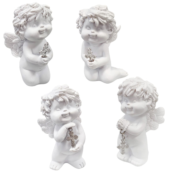 Igor-Engel mit Kreuz 4er Set weiß 6-7 cm kleine Gedenkfiguren & Trauerengel für Grabschmuck & Allerheiligen