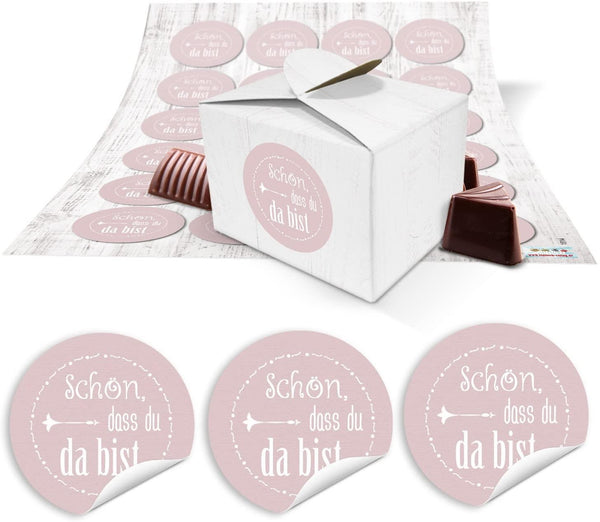 24 SCHÖN DASS DU DA BIST Geschenk-Schachtel Mini-Schachtel Geschenk-Karton klein 8 x 6,5 x 5,5 + Aufkleber grau weiß silber Verpackung Tisch-deko Gastgeschenk Hochzeit Fest Mitgebsel give-away