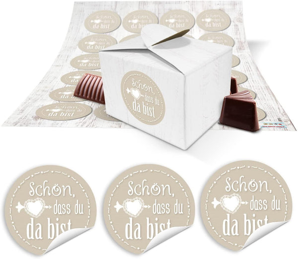48 SCHÖN DASS DU DA BIST Geschenk-Schachtel Mini-Schachtel Geschenk-Karton klein 8 x 6,5 x 5,5 + Aufkleber grau weiß silber Verpackung Tisch-deko Gastgeschenk Hochzeit Fest Mitgebsel give-away