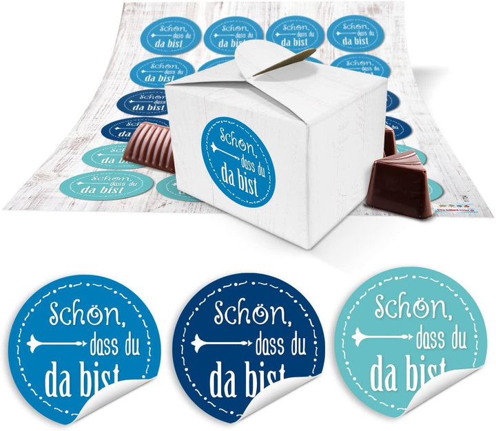 24 kleine weiße Geschenkboxen Geschenkverpackung Geschenkschachteln 8 x 6,5 x 5,5 + maritime blau weiße Fische Aufkleber … zum Befüllen für Gastgeschenke zur Kommunion, Taufe, Geburtstag