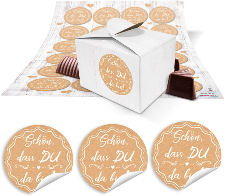 24 kleine weiße Geschenkboxen Geschenkschachteln 8 x 6,5 x 5,5 + 24 runde Weihnachts-Geschenk-Aufkleber in rot weiß schwarz braun mit Grüßen … Frohe Weihnachten, Frohes Fest, … 14126